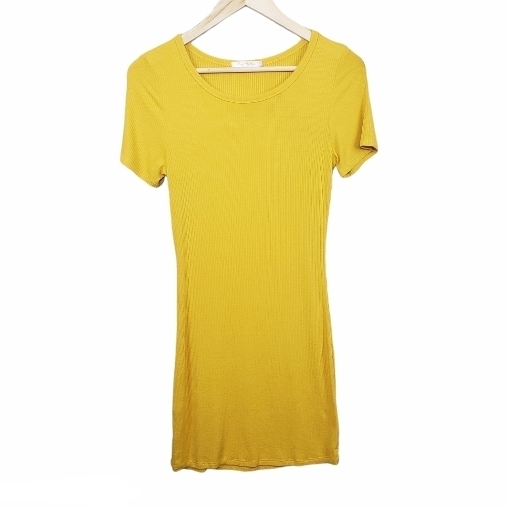 HEART&HIPS Ribbed Short Sleeve Dress Yellow Size S
